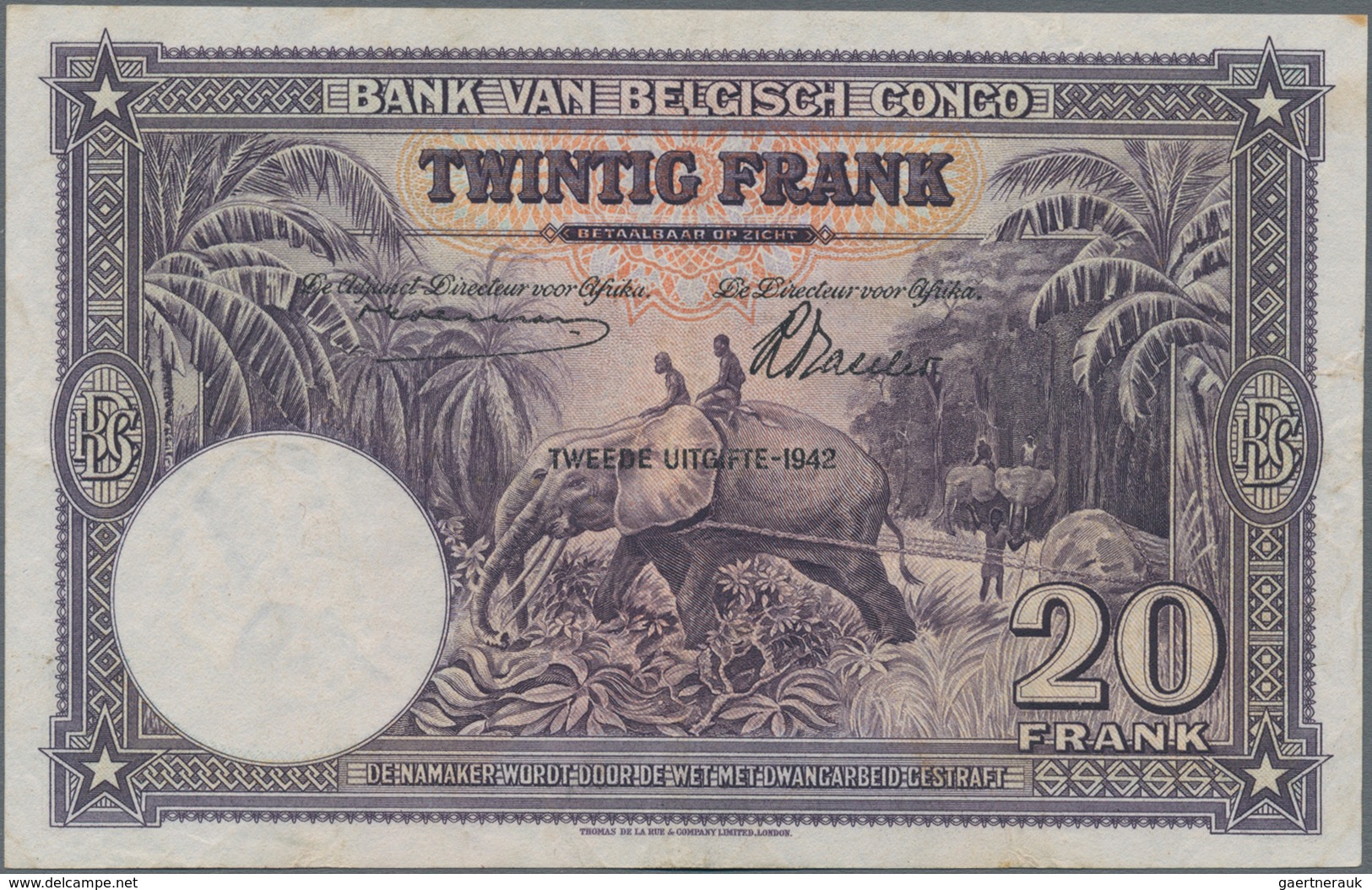 Belgian Congo / Belgisch Kongo: Banque Du Congo Belge 20 Francs 1942, P.15A, Great Original Shape Wi - Ohne Zuordnung