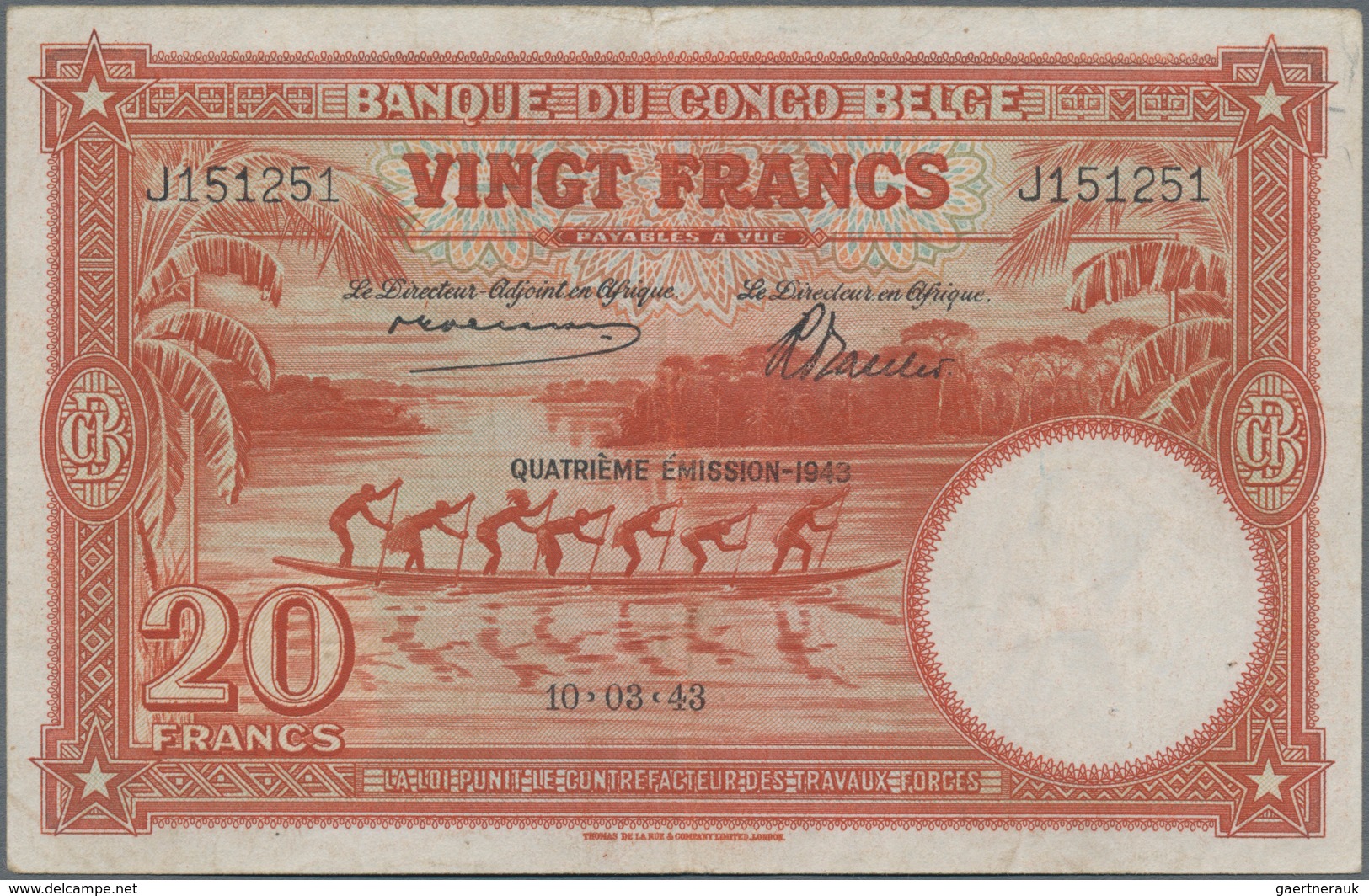 Belgian Congo / Belgisch Kongo: Banque Du Congo Belge 20 Francs 1943, P.15C, Tiny Margin Split At Up - Ohne Zuordnung