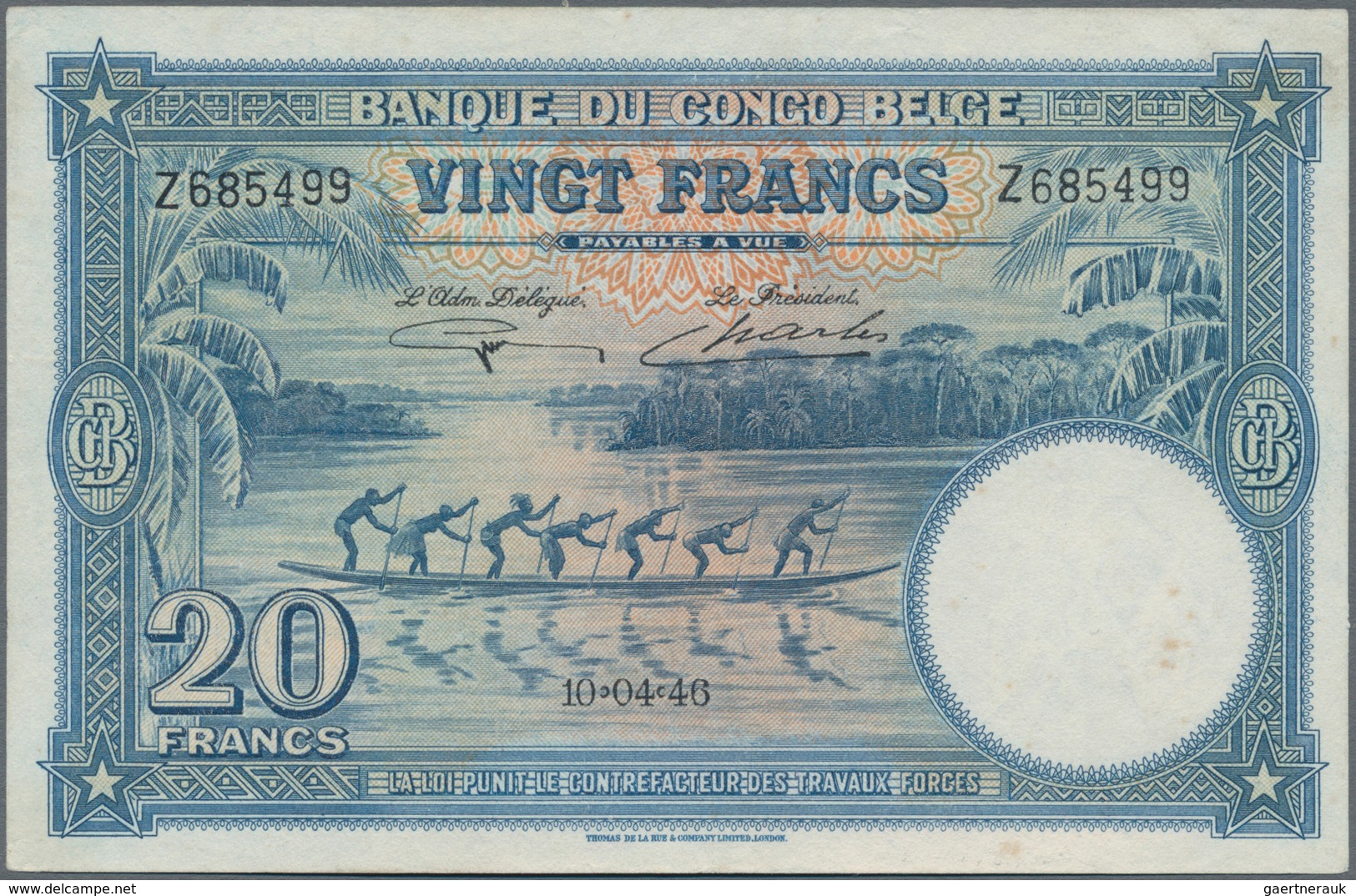 Belgian Congo / Belgisch Kongo: Banque Du Congo Belge 20 Francs 1946, P.15E, Highly Rare Note In Gre - Unclassified