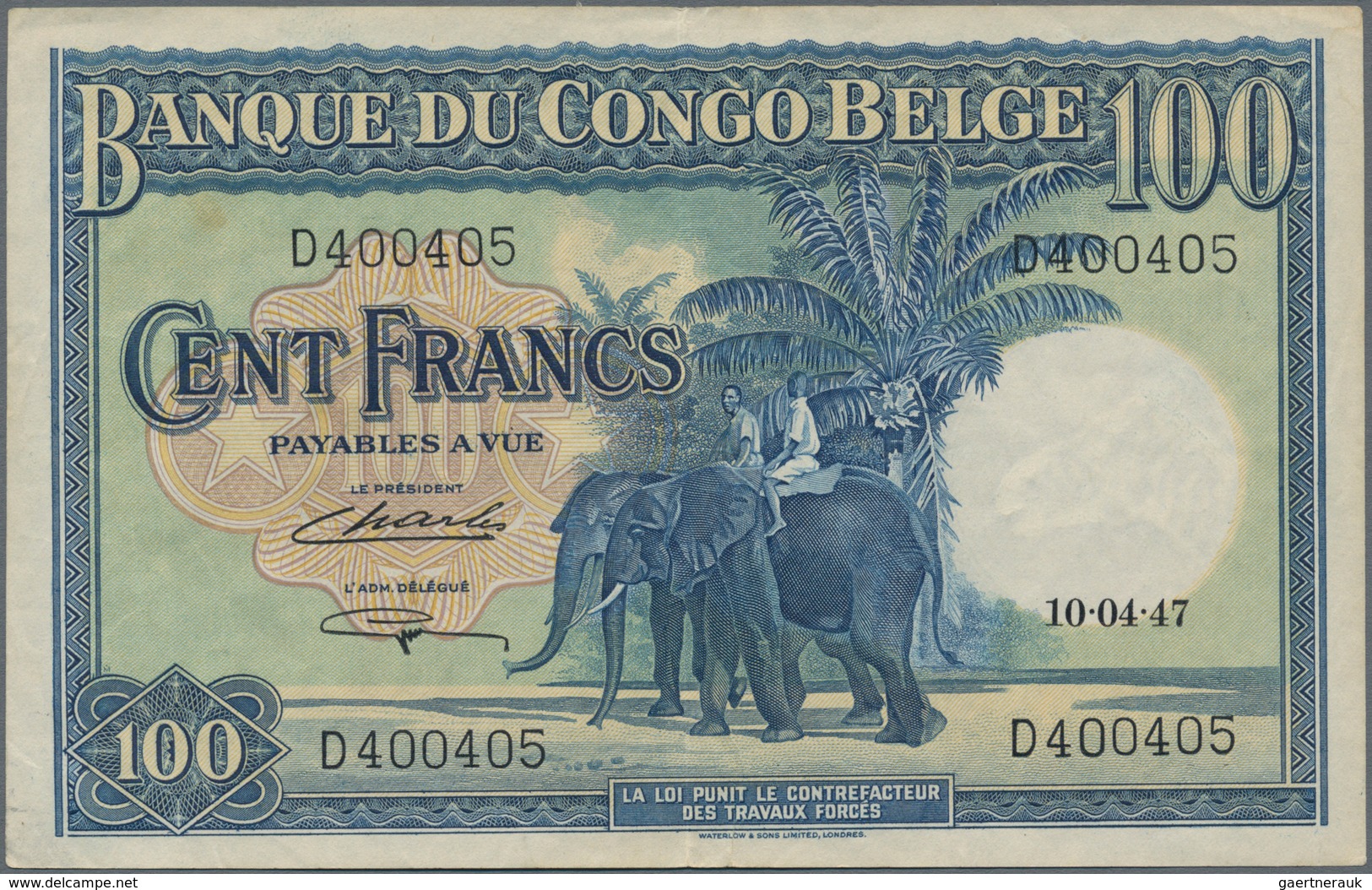 Belgian Congo / Belgisch Kongo: Banque Du Congo Belge 100 Francs 1947, P.17c, Very Nice Original Sha - Non Classés