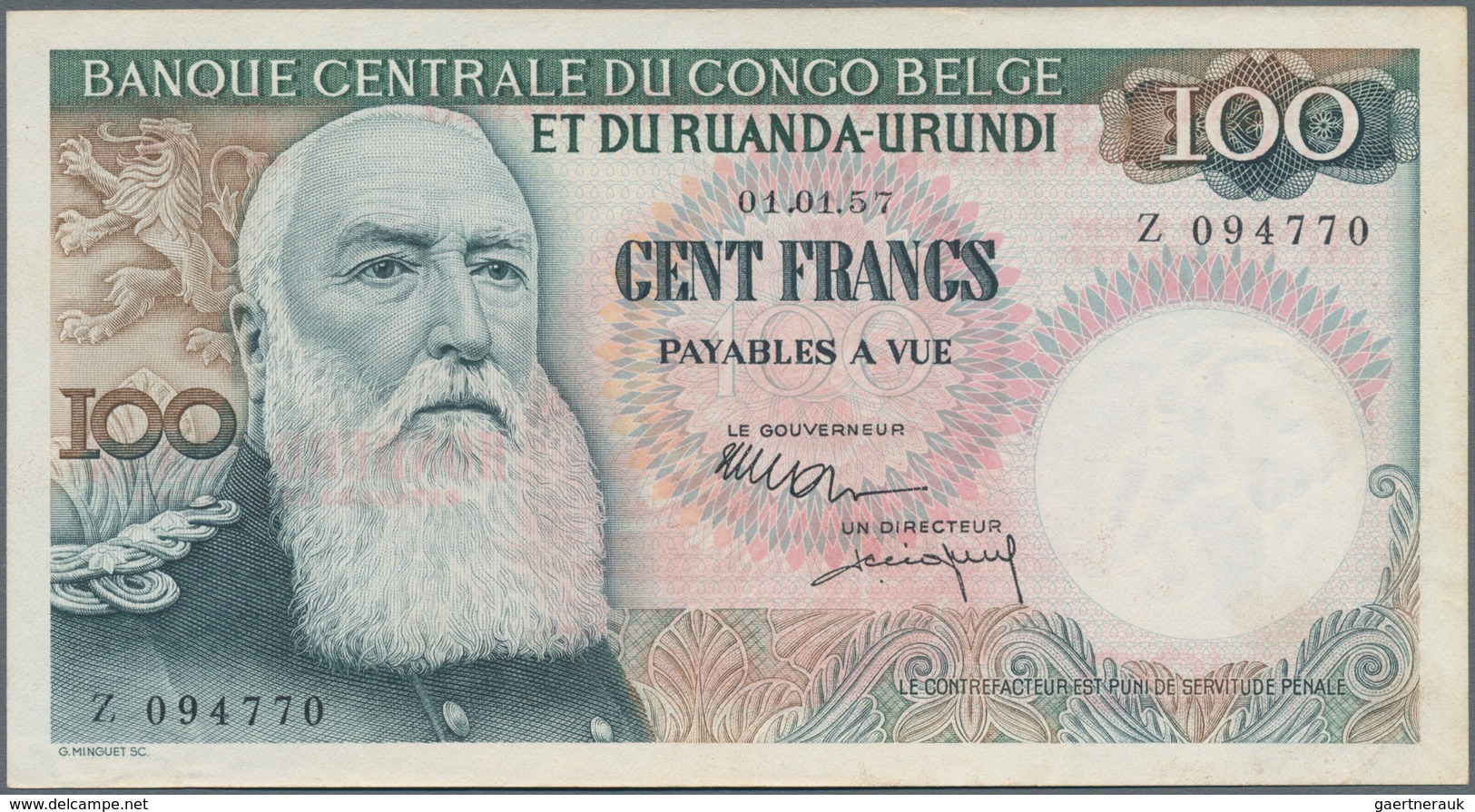 Belgian Congo / Belgisch Kongo: 100 Francs 1957, P.33b, Just One Vertical Fold At Right And A Few Mi - Ohne Zuordnung