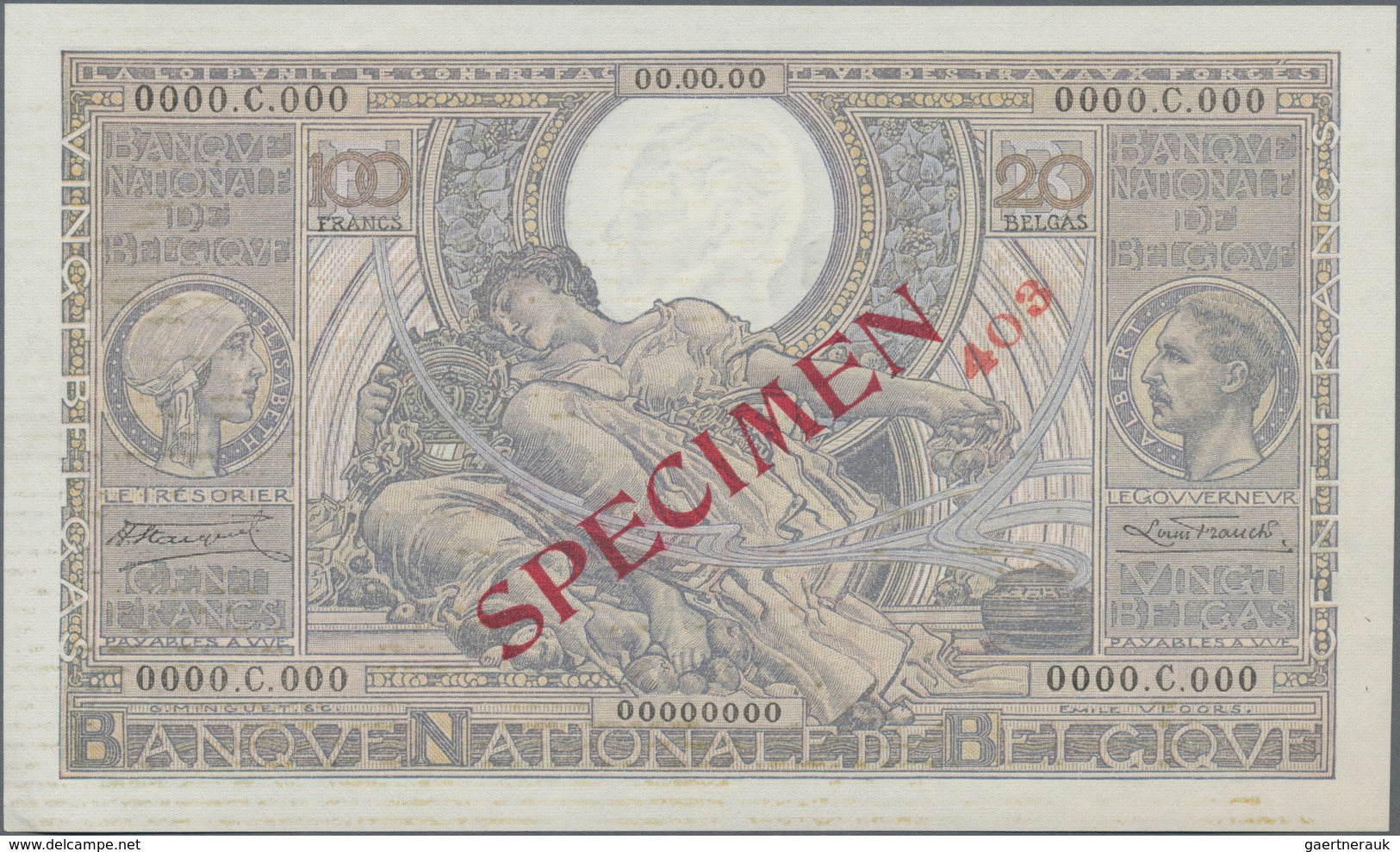 Belgium / Belgien: Banque Nationale De Belgique 100 Francs = 20 Belgas 1933-1943 SPECIMEN, P.107s, Z - Other & Unclassified