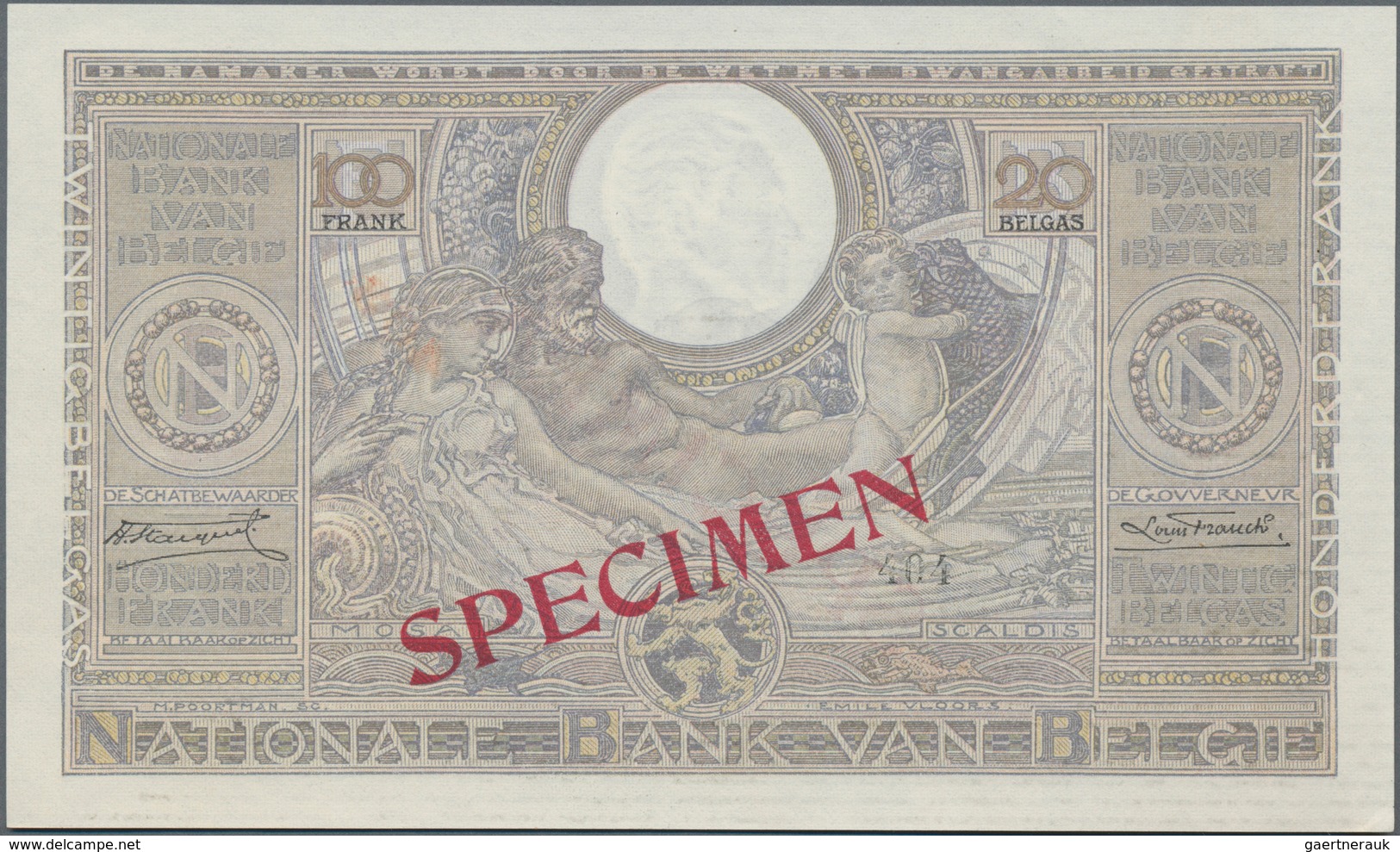 Belgium / Belgien: Banque Nationale De Belgique 100 Francs = 20 Belgas 1933-1943 SPECIMEN, P.107s, Z - Autres & Non Classés