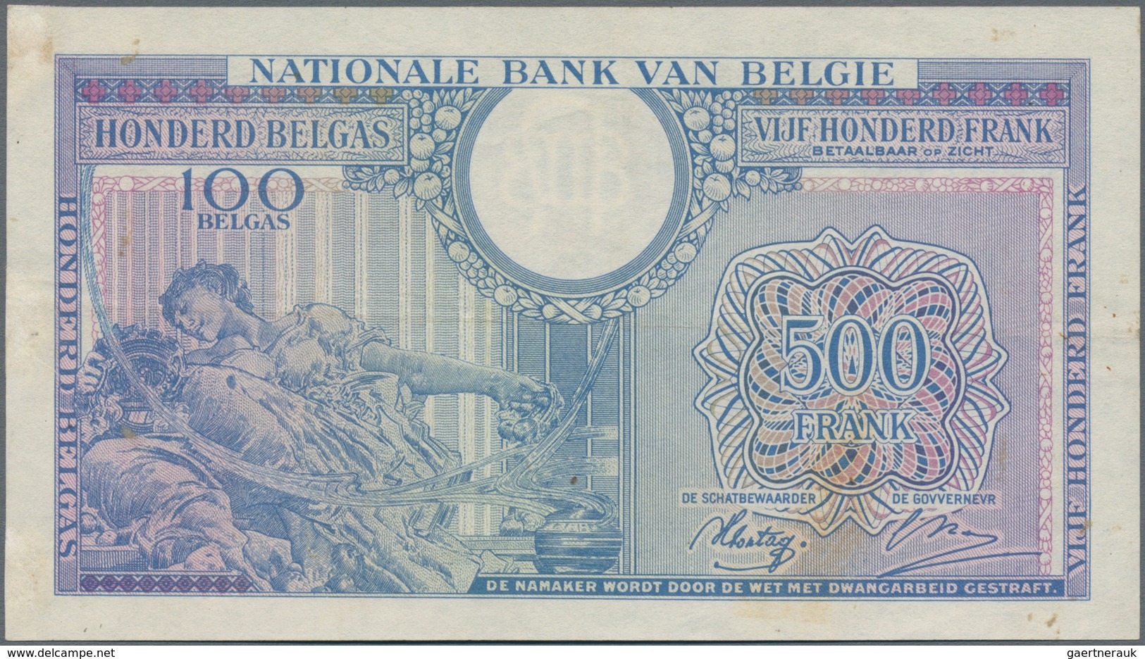 Belgium / Belgien: 500 Francs = 100 Belgas 1943 P.124 Soft Horizontal Fold And A Few Spots And 100 F - Other & Unclassified