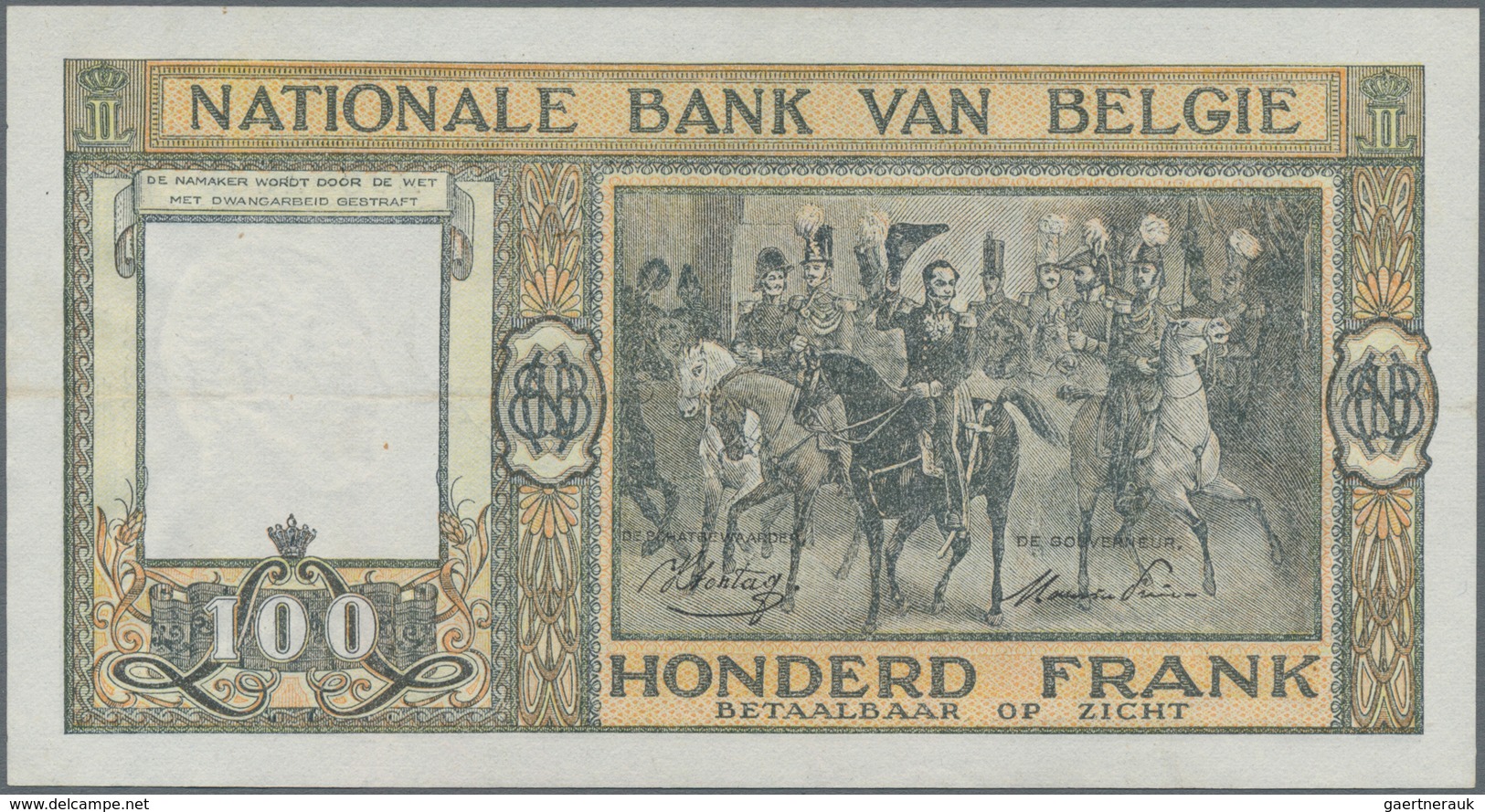 Belgium / Belgien: 500 Francs = 100 Belgas 1943 P.124 Soft Horizontal Fold And A Few Spots And 100 F - Other & Unclassified