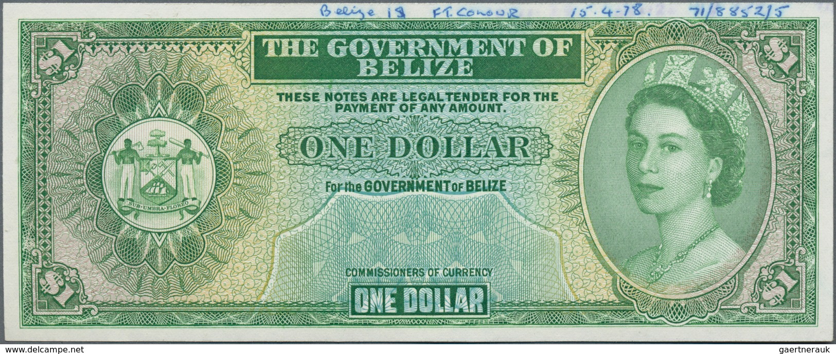 Belize: The Government Of Belize 1 Dollar 1974-76 SPECIMEN Without Serial Number And Signature, P.33 - Belize