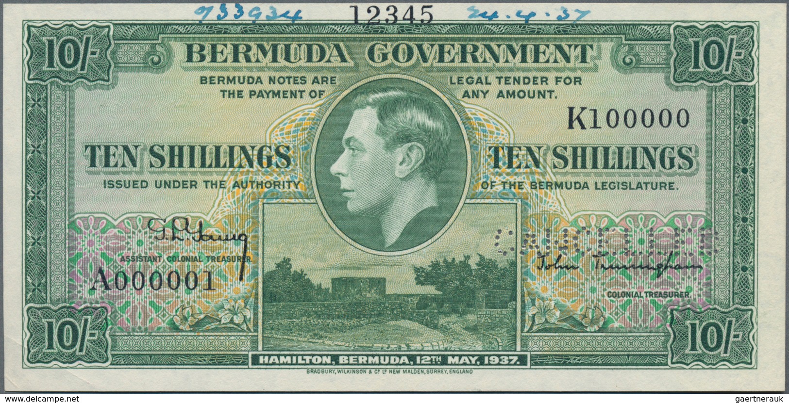 Bermuda: Bermuda Government 10 Shillings 1937 SPECIMEN, P.9s With Perforation "Cancelled", Serial Nu - Bermudes