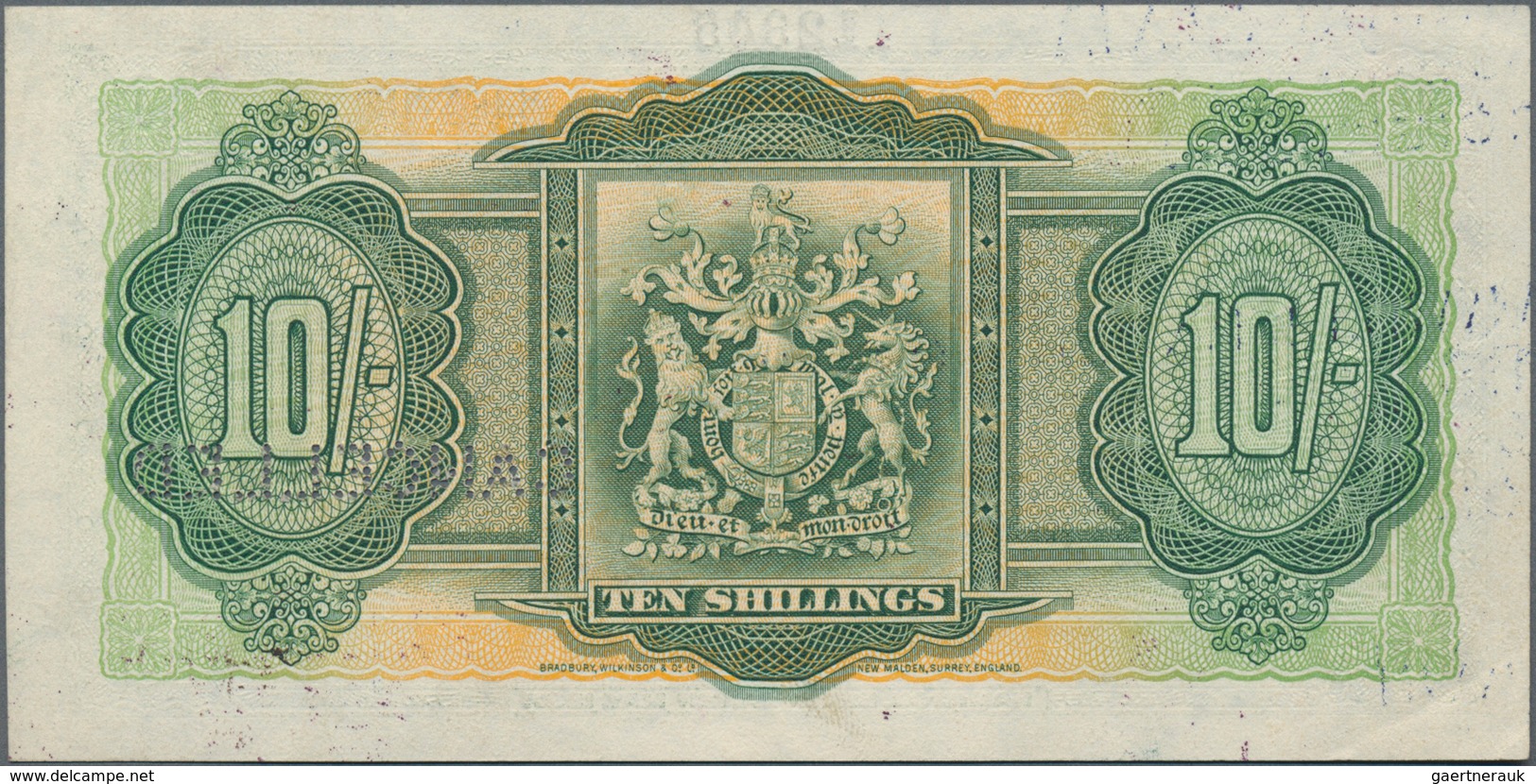 Bermuda: Bermuda Government 10 Shillings 1937 SPECIMEN, P.9s With Perforation "Cancelled", Serial Nu - Bermudes
