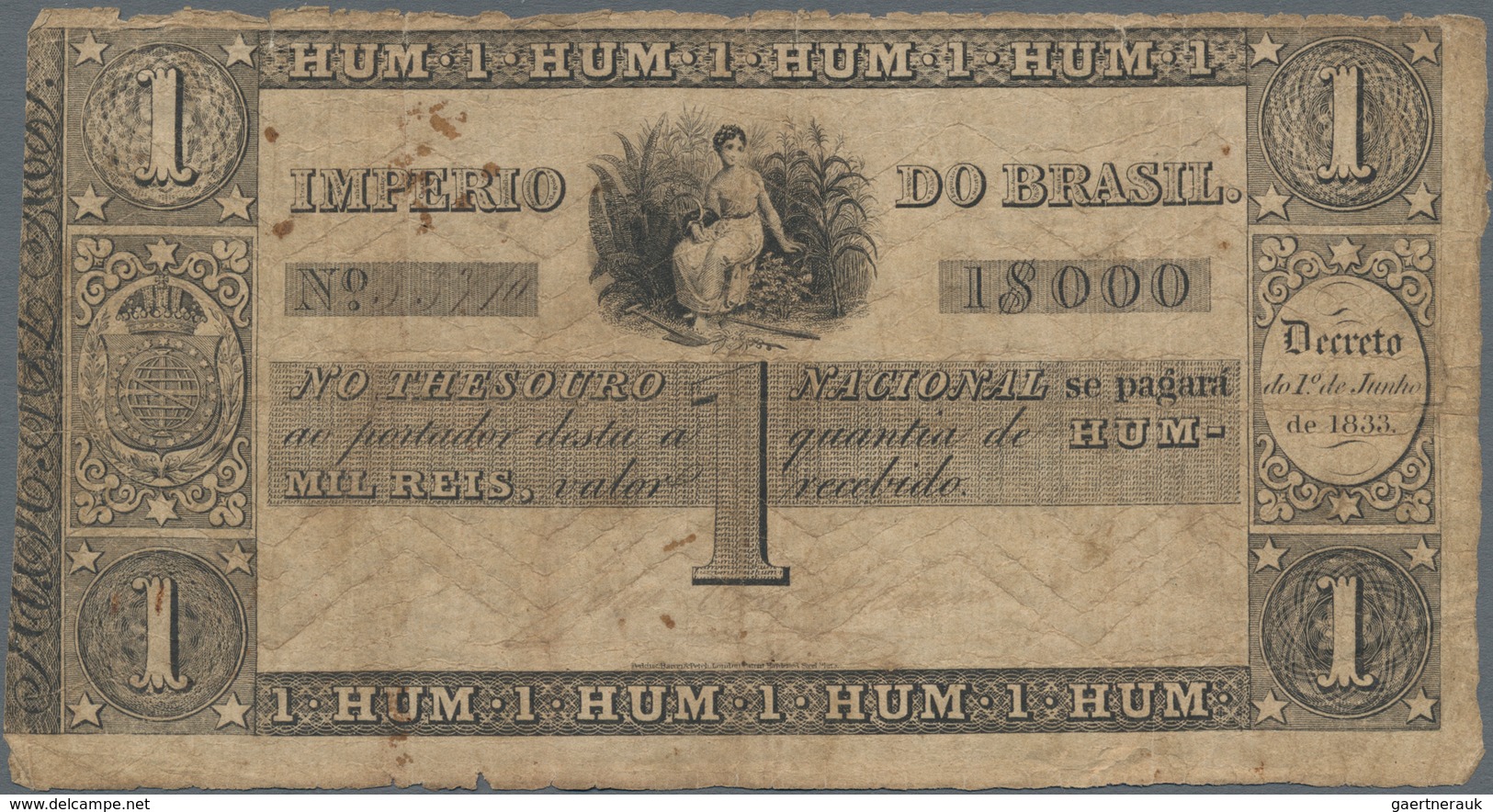 Brazil / Brasilien: Thesouro Nacional 1 Mil Reis 1833, P. A201, Still Nice Condition For The Age Of - Brasilien