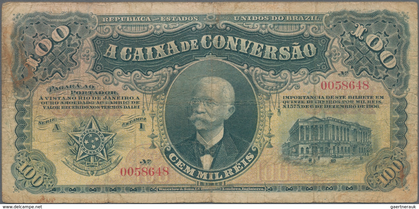 Brazil / Brasilien: Caixa De Conversão 100 Mil Reis 1906, P.97, Very Rare And Seldom Offered Banknot - Brasilien