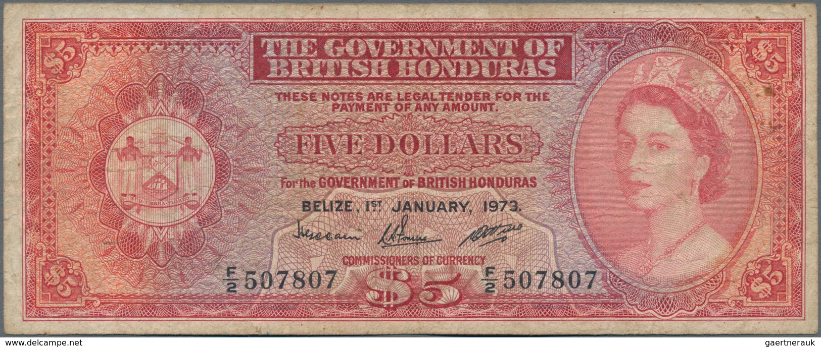 British Honduras: 5 Dollars 1973, P.30c, Lightly Stained Paper With Several Folds. Condition: F. Rar - Honduras