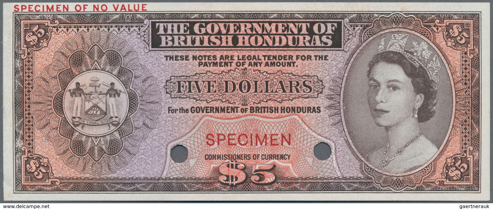 British Honduras: The Government Of British Honduras 5 Dollars 1953-73 Color Trial SPECIMEN In Red-b - Honduras