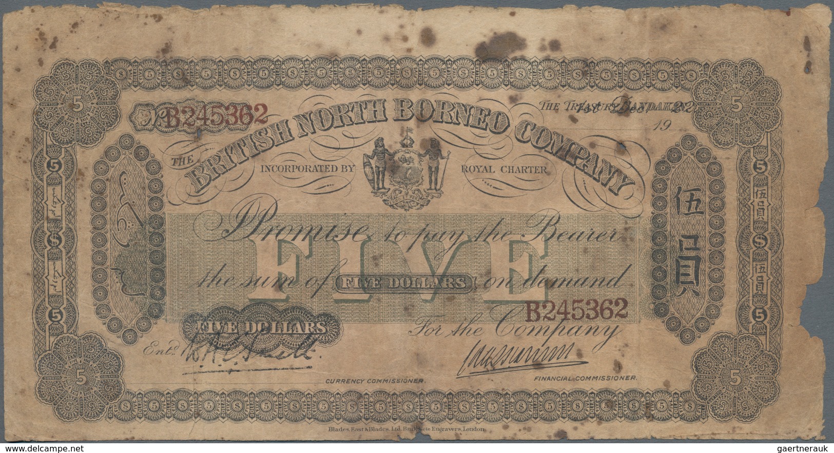 British North Borneo: The British North Borneo Company 5 Dollars 1922, P.4b, Extraordinary Rarity In - Other - Africa