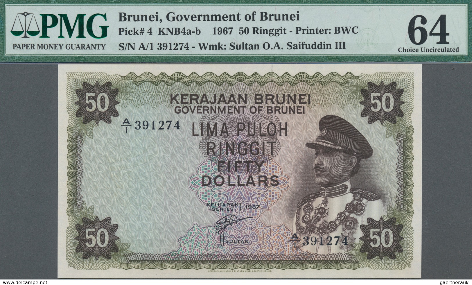 Brunei: Government Of Brunei 50 Ringgit 1967, P.4 In Perfect Condition, PMG Graded 64 Choice Uncircu - Brunei