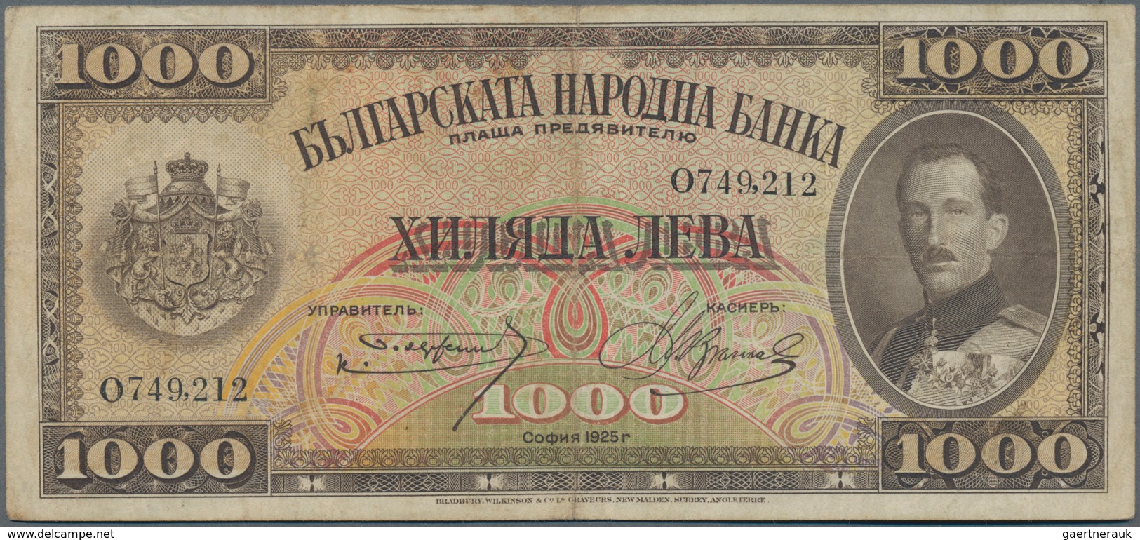 Bulgaria / Bulgarien: 1000 Leva 1925, P.48 With Lightly Toned Paper And Some Folds, Obviously Cleane - Bulgarien