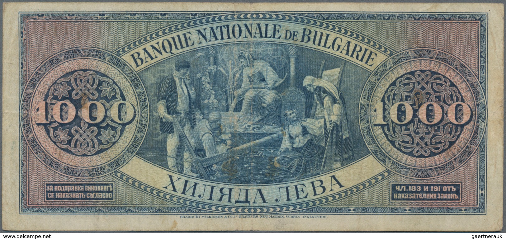 Bulgaria / Bulgarien: 1000 Leva 1925, P.48 With Lightly Toned Paper And Some Folds, Obviously Cleane - Bulgaria