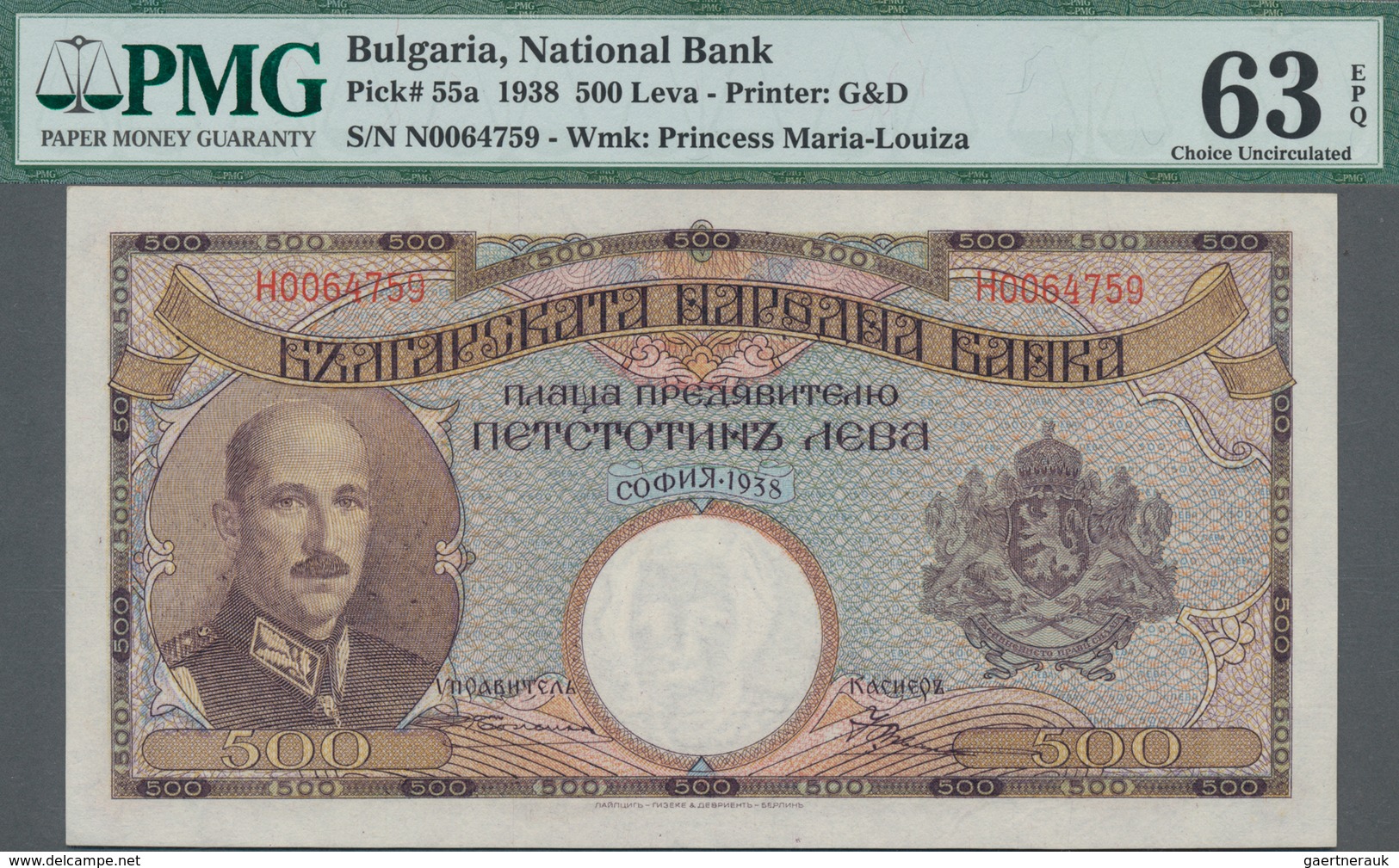 Bulgaria / Bulgarien: National Bank Of Bulgaria 500 Leva 1938, P.55a, PMG Graded 63 Choice Uncircula - Bulgaria