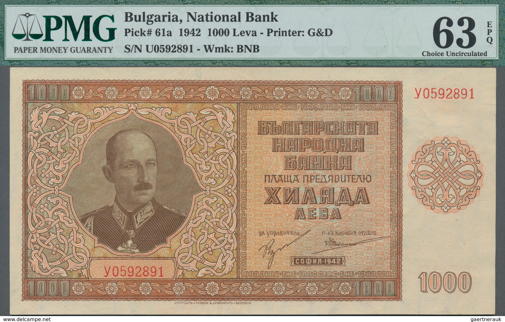 Bulgaria / Bulgarien: National Bank Of Bulgaria 1000 Leva 1942, P.61, Excellent Condition And PMG Gr - Bulgarien