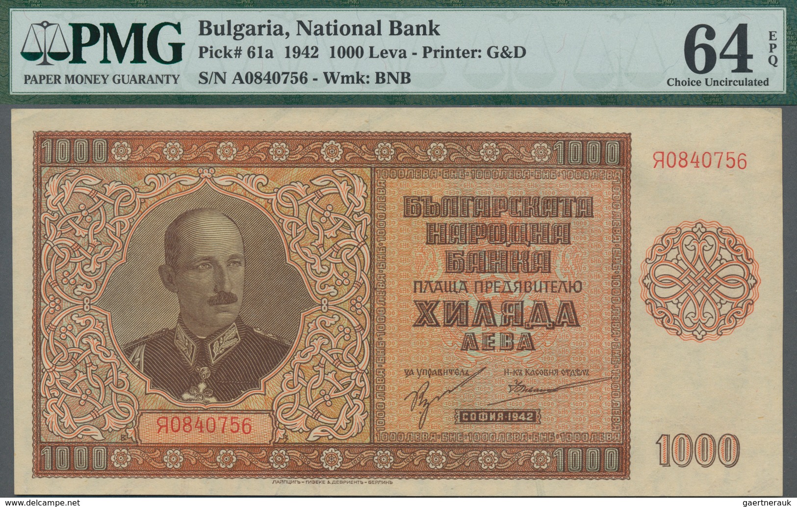 Bulgaria / Bulgarien: National Bank Of Bulgaria 1000 Leva 1942, P.61a, PMG Graded 64 Choice Uncircul - Bulgaria
