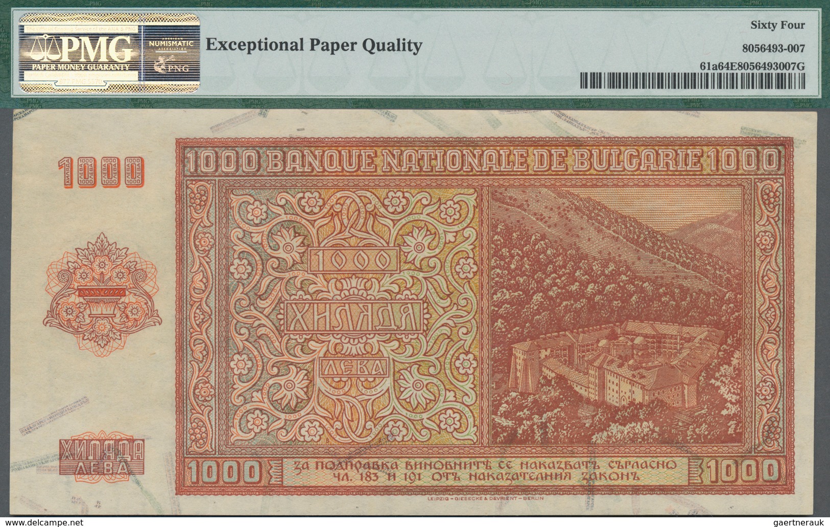 Bulgaria / Bulgarien: National Bank Of Bulgaria 1000 Leva 1942, P.61a, PMG Graded 64 Choice Uncircul - Bulgarien