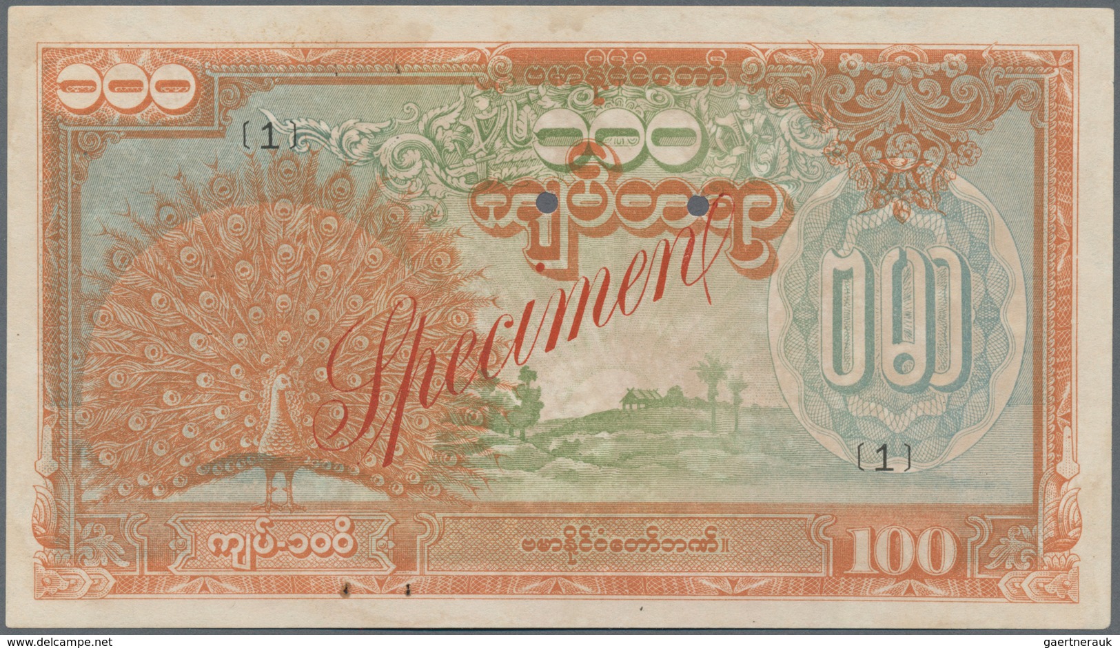 Burma / Myanmar / Birma: Burma State Bank 100 Kyats ND(1944) SPECIMEN, P.21s With Red Overprint "Spe - Myanmar