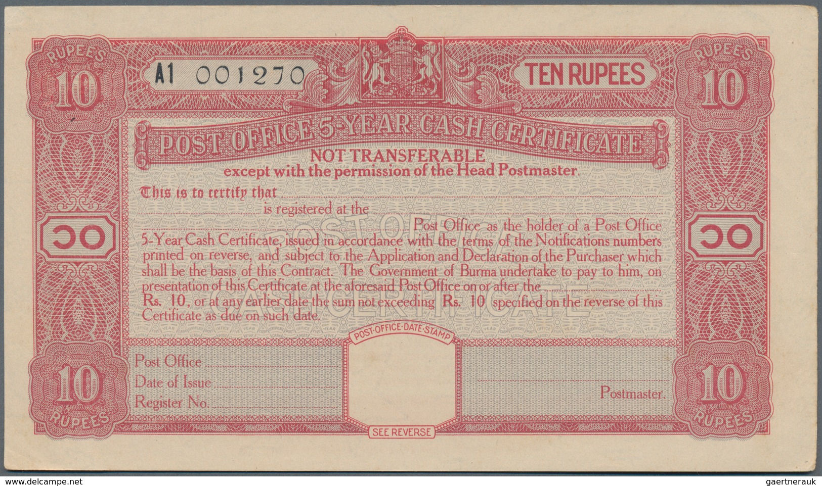 Burma / Myanmar / Birma: Set With 10 Pcs. 10 Rupees Post Office 5-Year Cash Certificate, Series 1945 - Myanmar