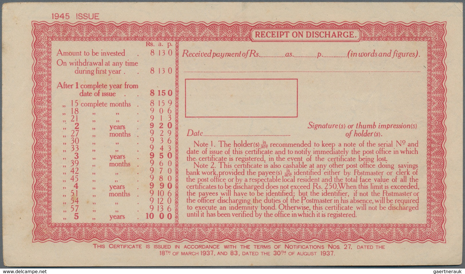 Burma / Myanmar / Birma: Set With 10 Pcs. 10 Rupees Post Office 5-Year Cash Certificate, Series 1945 - Myanmar