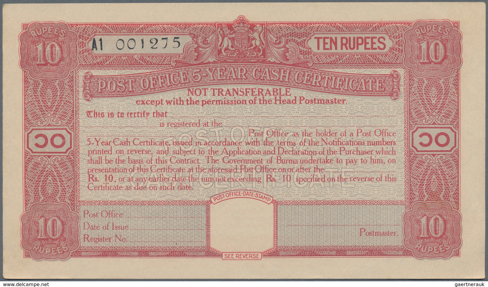 Burma / Myanmar / Birma: Set With 10 Pcs. 10 Rupees Post Office 5-Year Cash Certificate, Series 1945 - Myanmar