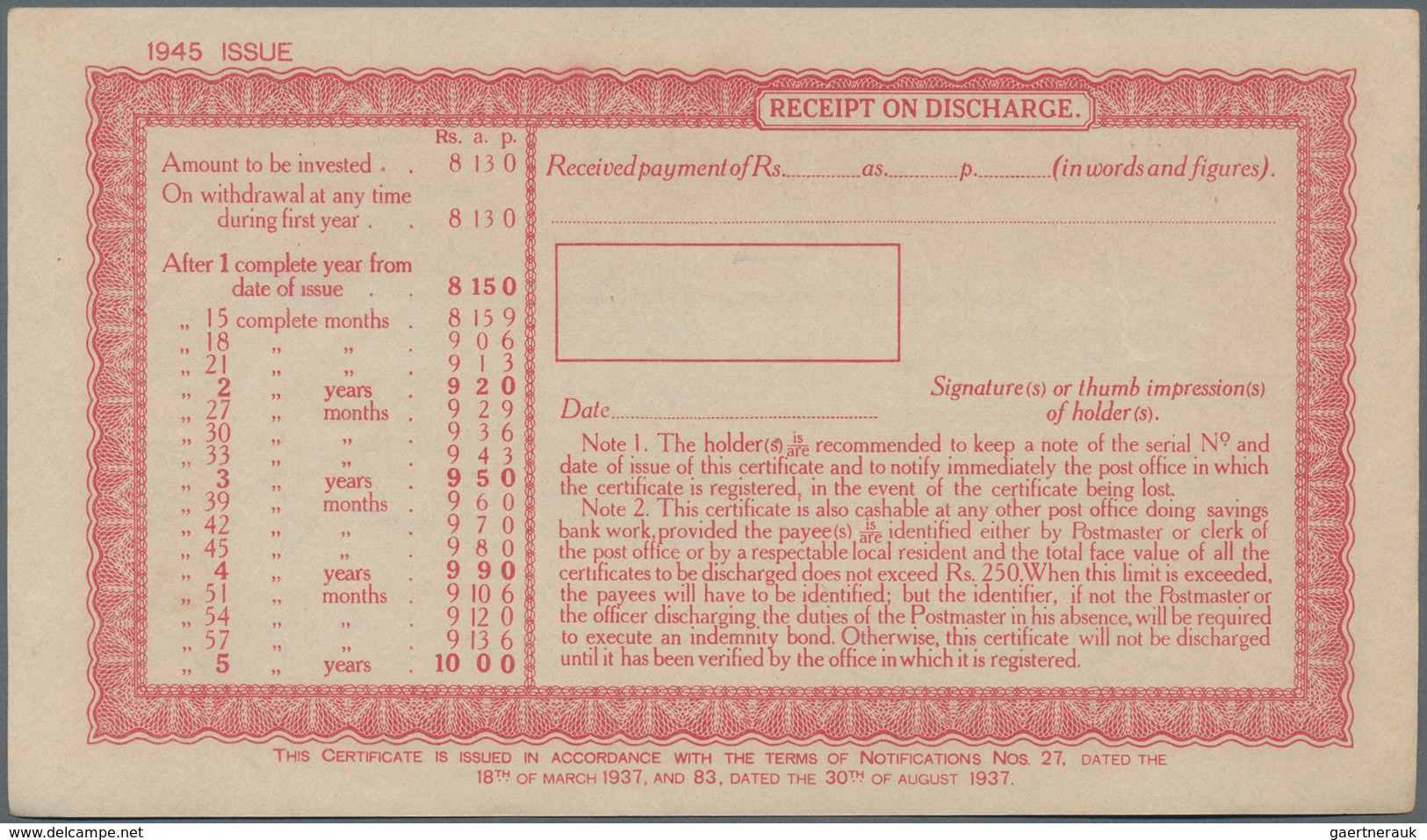 Burma / Myanmar / Birma: Set With 10 Pcs. 10 Rupees Post Office 5-Year Cash Certificate, Series 1945 - Myanmar