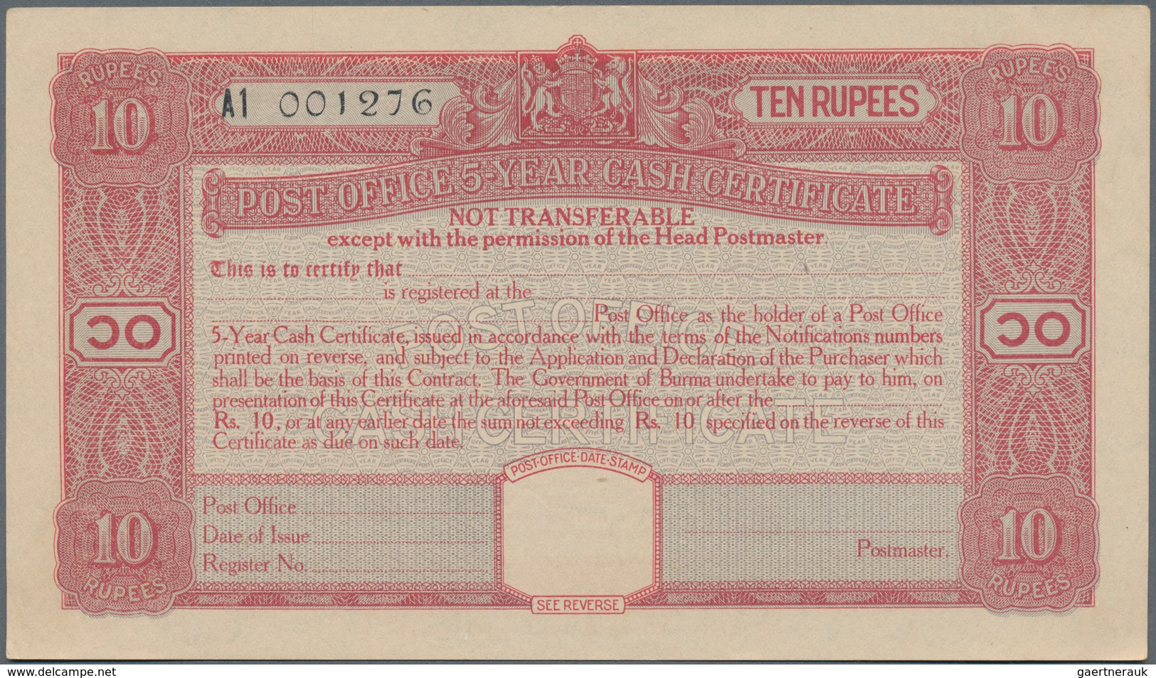 Burma / Myanmar / Birma: Set With 10 Pcs. 10 Rupees Post Office 5-Year Cash Certificate, Series 1945 - Myanmar