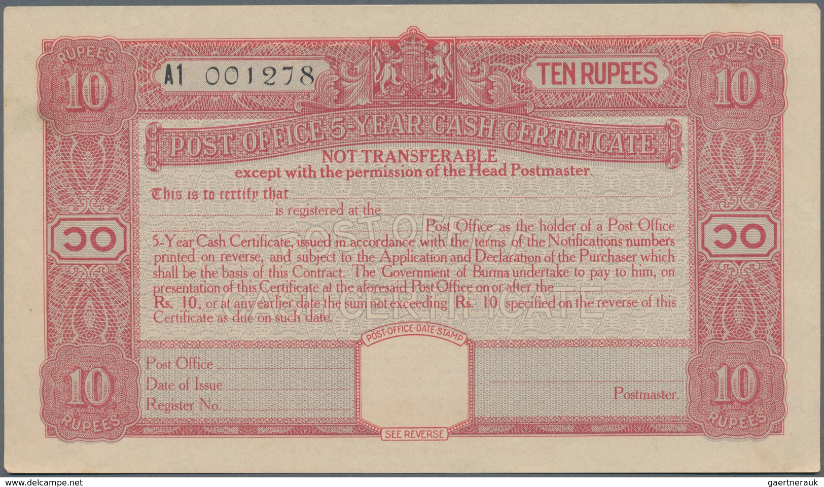 Burma / Myanmar / Birma: Set with 10 pcs. 10 Rupees Post Office 5-Year Cash Certificate, series 1945