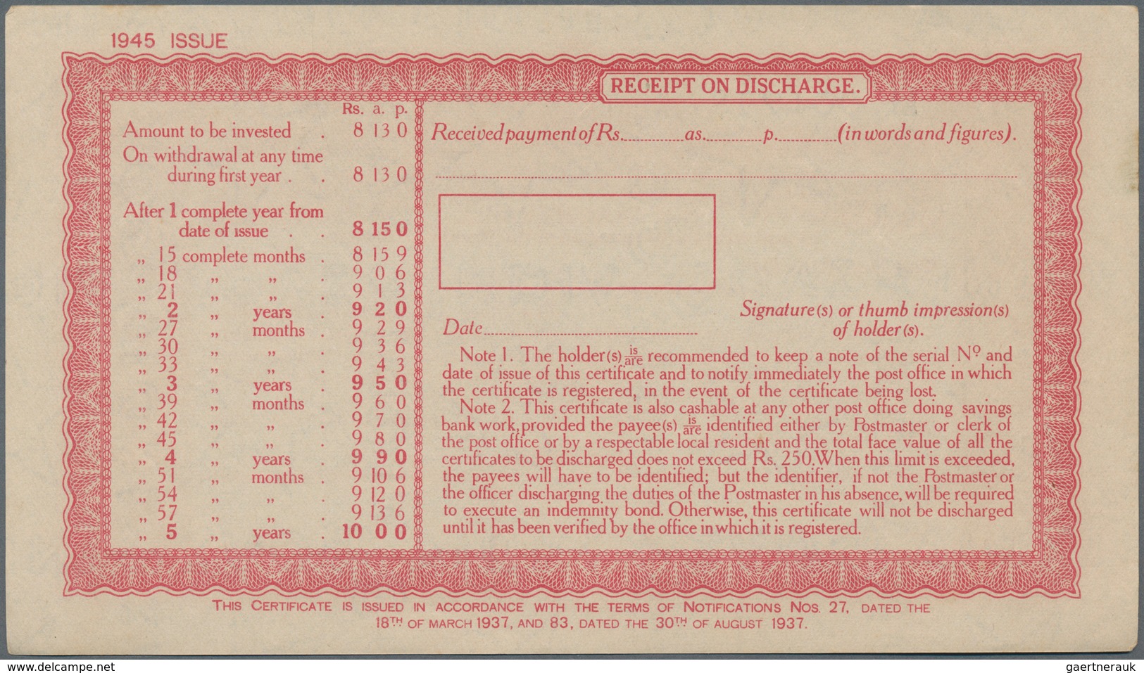 Burma / Myanmar / Birma: Set with 10 pcs. 10 Rupees Post Office 5-Year Cash Certificate, series 1945