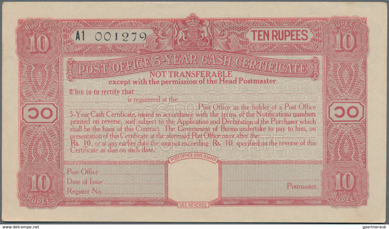 Burma / Myanmar / Birma: Set with 10 pcs. 10 Rupees Post Office 5-Year Cash Certificate, series 1945