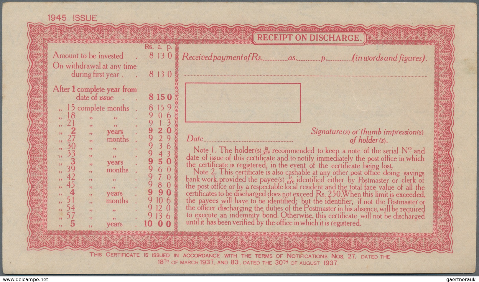 Burma / Myanmar / Birma: Set with 10 pcs. 10 Rupees Post Office 5-Year Cash Certificate, series 1945