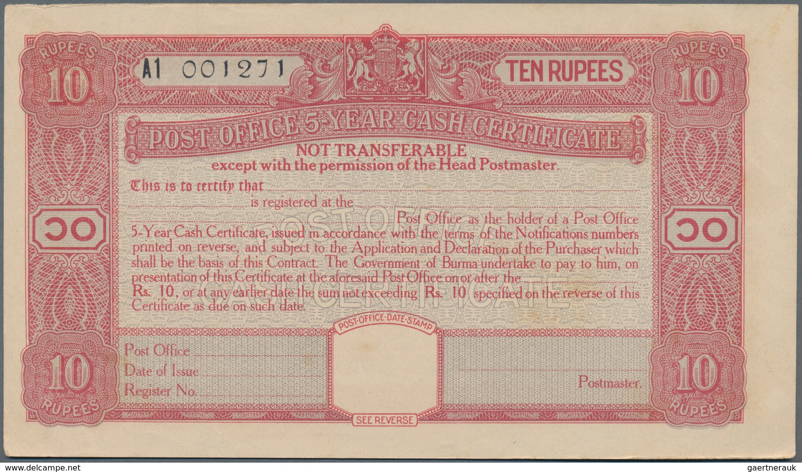 Burma / Myanmar / Birma: Set with 10 pcs. 10 Rupees Post Office 5-Year Cash Certificate, series 1945