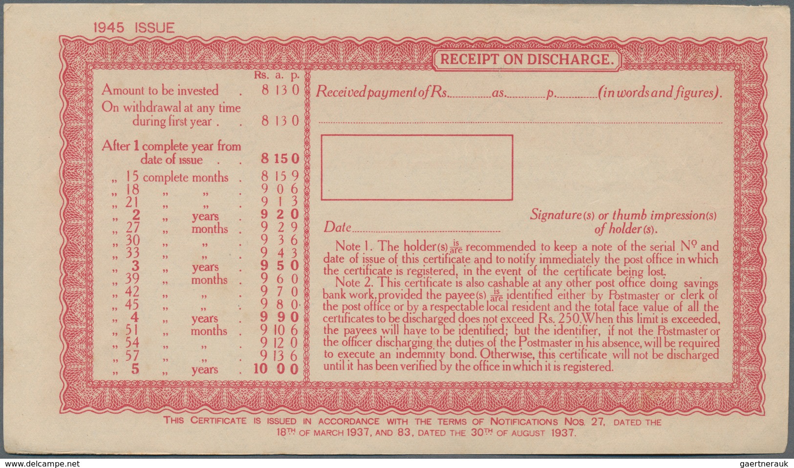 Burma / Myanmar / Birma: Set with 10 pcs. 10 Rupees Post Office 5-Year Cash Certificate, series 1945