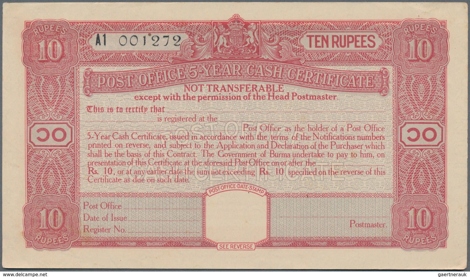 Burma / Myanmar / Birma: Set with 10 pcs. 10 Rupees Post Office 5-Year Cash Certificate, series 1945