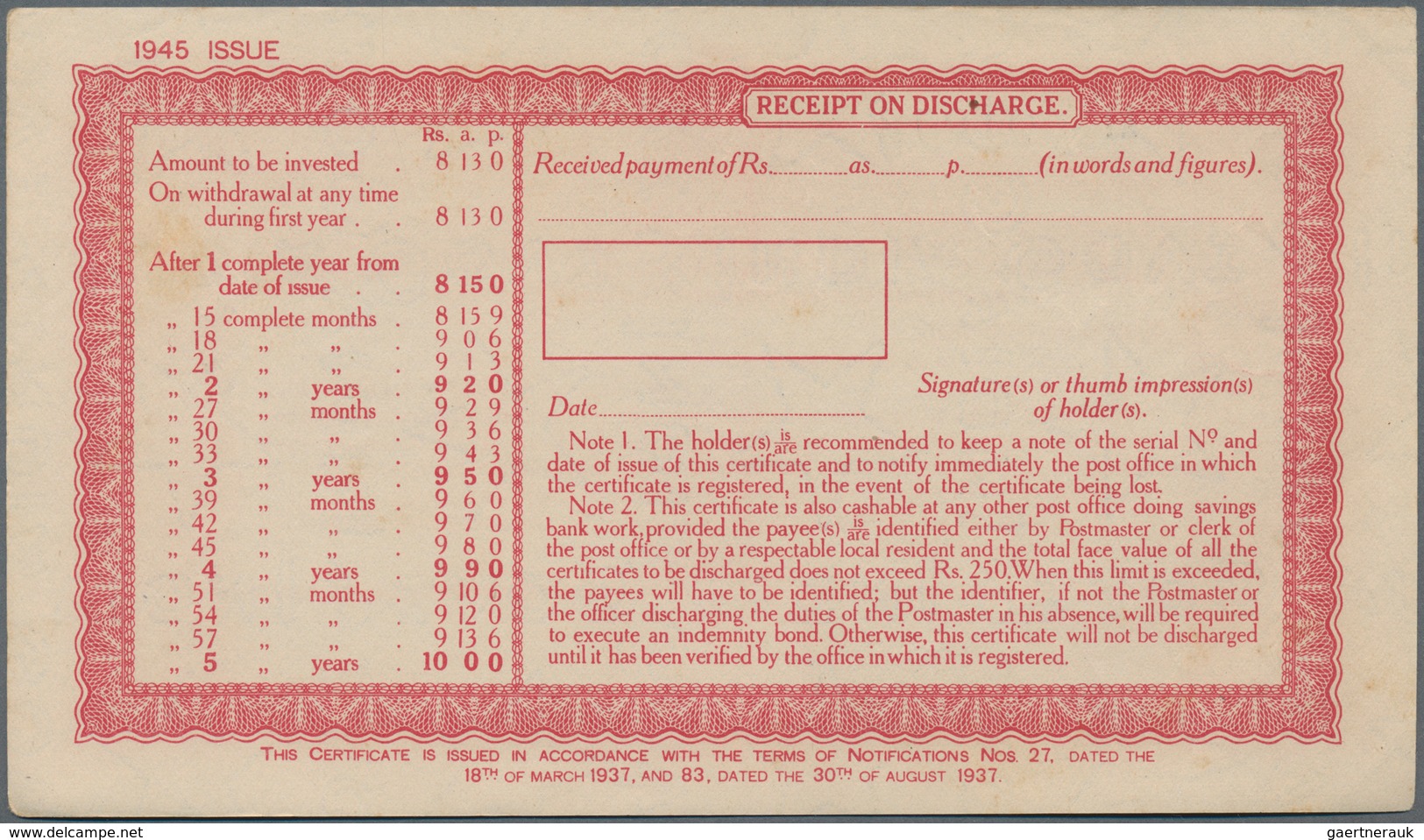 Burma / Myanmar / Birma: Set with 10 pcs. 10 Rupees Post Office 5-Year Cash Certificate, series 1945