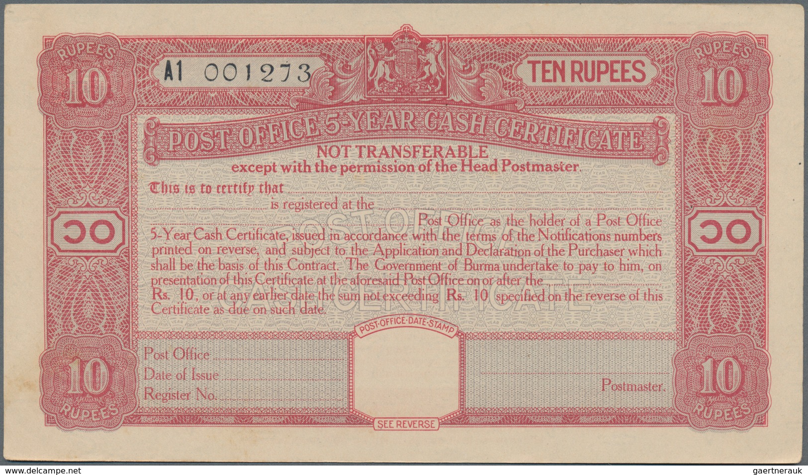 Burma / Myanmar / Birma: Set with 10 pcs. 10 Rupees Post Office 5-Year Cash Certificate, series 1945