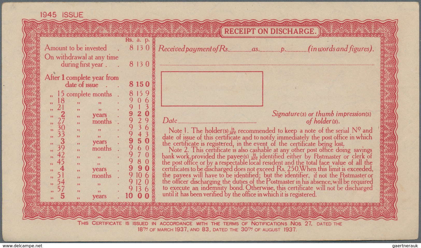 Burma / Myanmar / Birma: Set with 10 pcs. 10 Rupees Post Office 5-Year Cash Certificate, series 1945