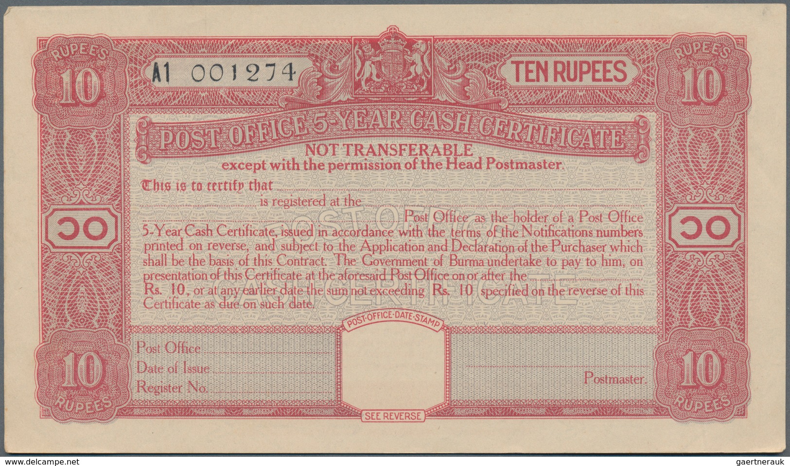 Burma / Myanmar / Birma: Set with 10 pcs. 10 Rupees Post Office 5-Year Cash Certificate, series 1945