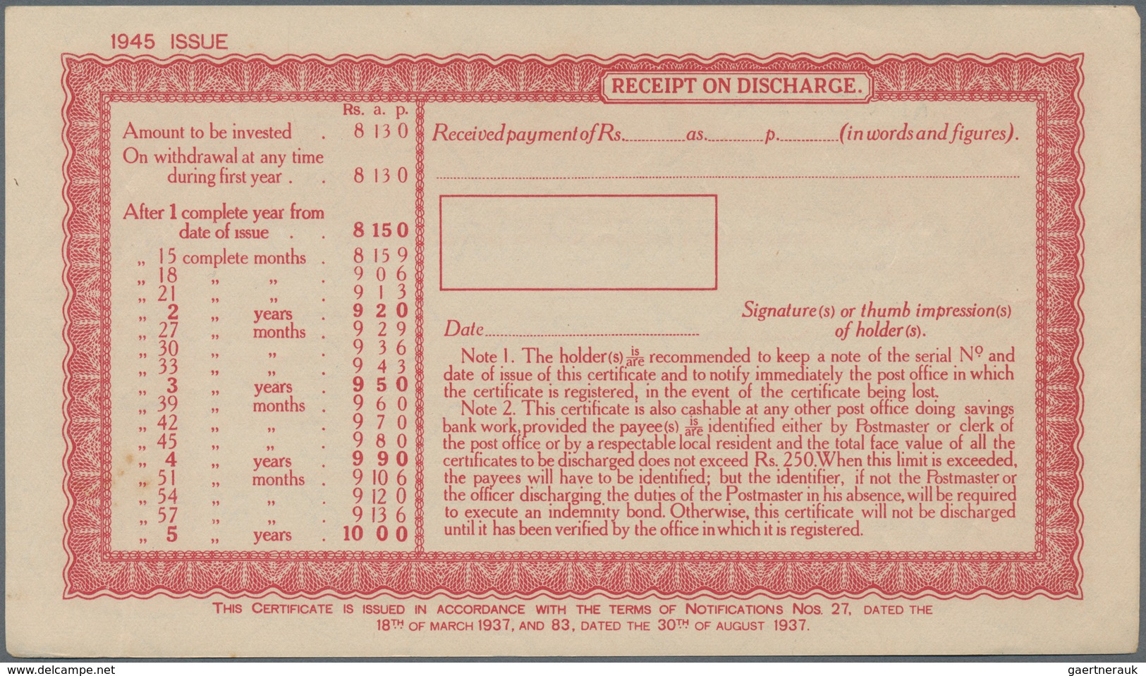 Burma / Myanmar / Birma: Set with 10 pcs. 10 Rupees Post Office 5-Year Cash Certificate, series 1945