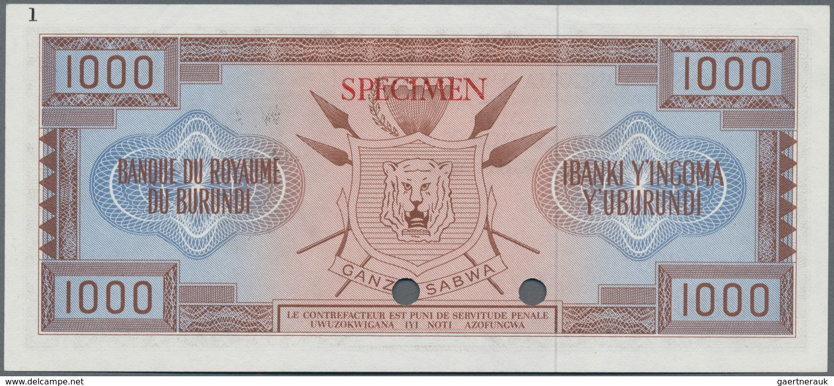 Burundi: Banque Du Royaume Du Burundi 1000 Francs 1965 Color Trial SPECIMEN In Brown Instead Of Gree - Burundi