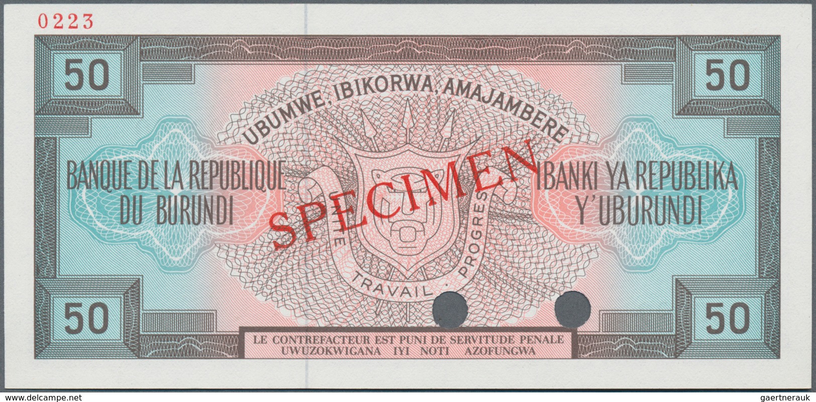 Burundi:  Banque De La République Du Burundi 50 Francs 1977 SPECIMEN, P.28s With Punch Hole Cancella - Burundi