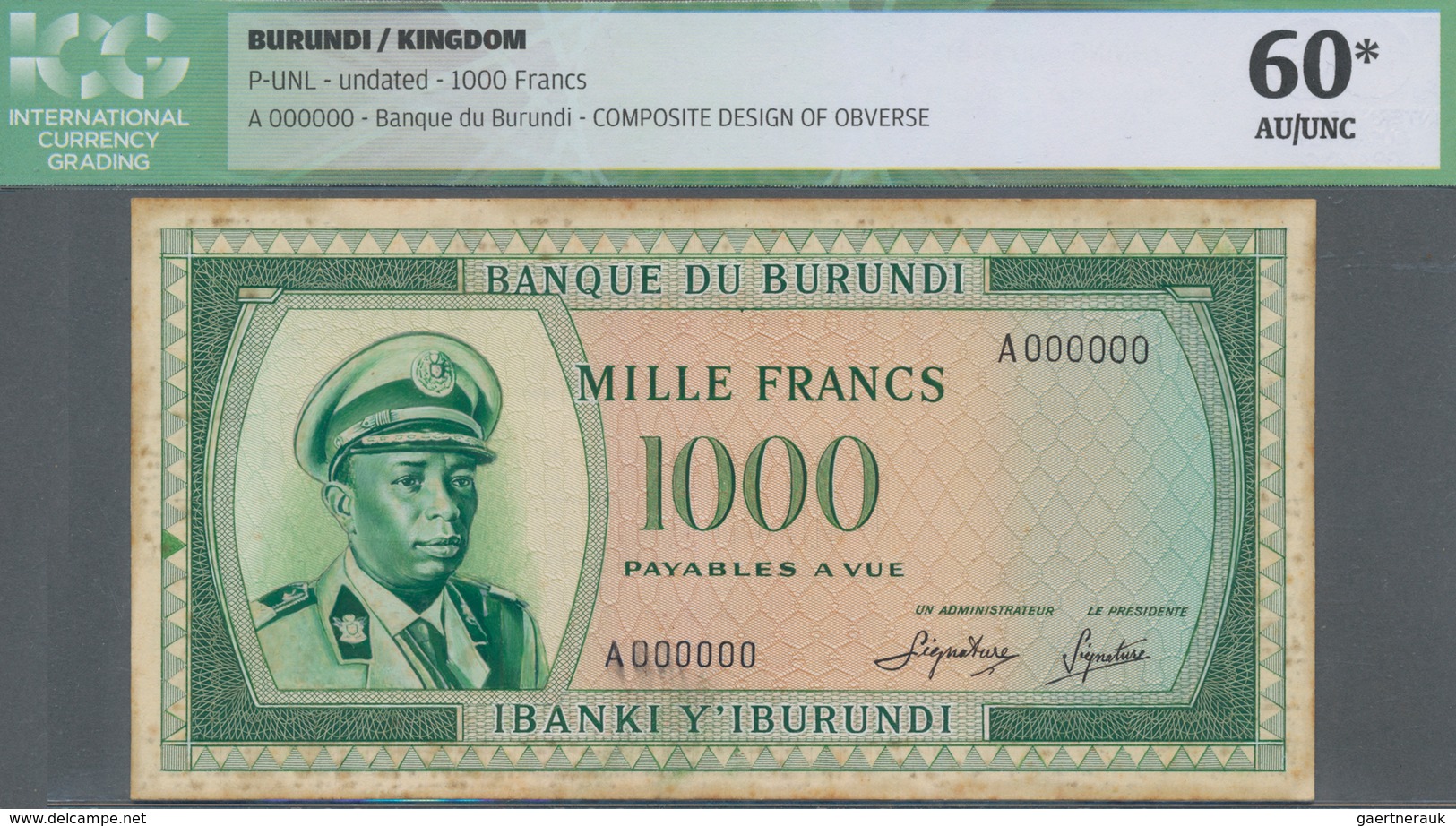 Burundi: Banque Du Burundi Uniface Composite Design Essay For Front And Reverse Of A 1000 Francs Not - Burundi