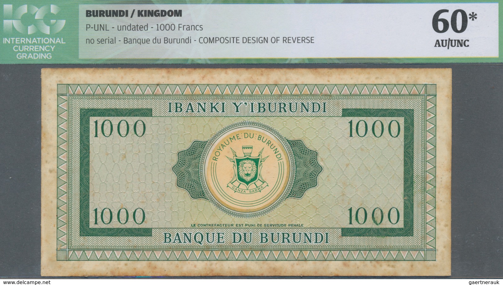 Burundi: Banque Du Burundi Uniface Composite Design Essay For Front And Reverse Of A 1000 Francs Not - Burundi