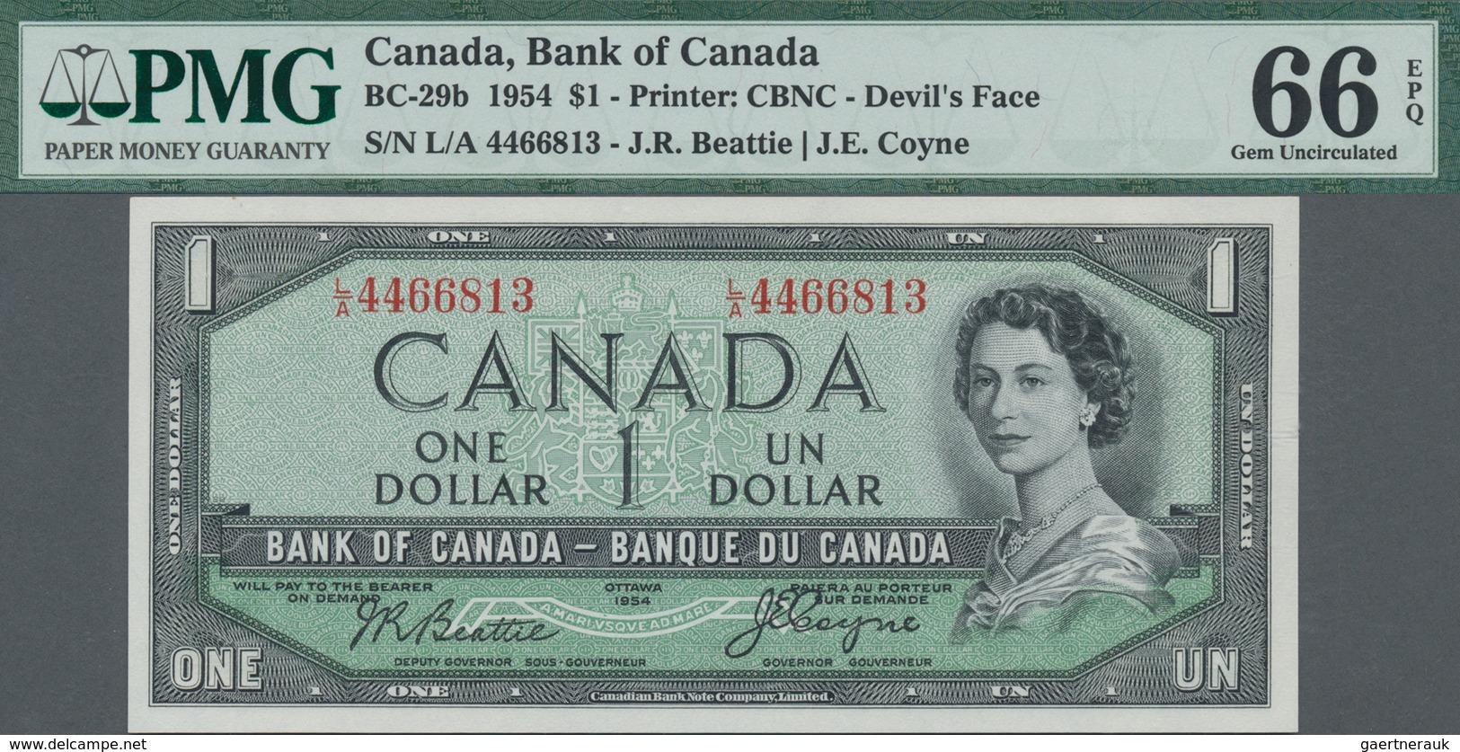 Canada: Bank Of Canada Pair With 1 Dollar 1954 "Devil's Face" P.29b PMG 66 Gem Uncirculated EPQ And - Canada