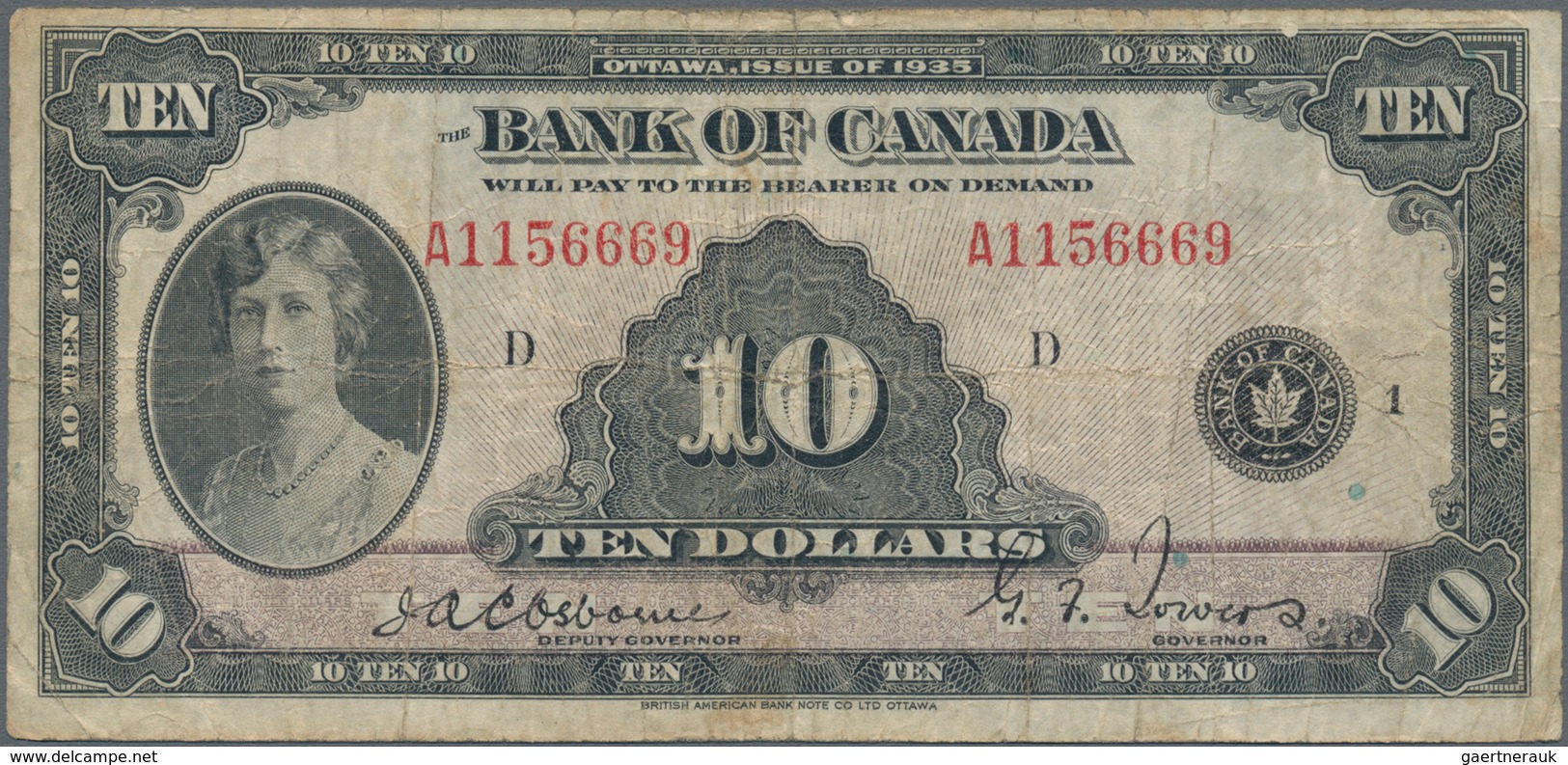 Canada: The Bank Of Canada 10 Dollars 1935, P.44, Rare Issue With Folds, Minor Spots And Creases. Co - Canada