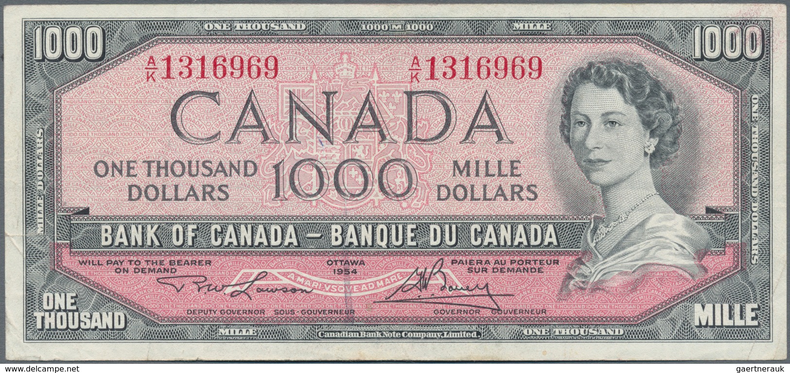 Canada: 1000 Dollars 1954, P.83d, Great High Value Note In Nice Condition, Two Tiny Pinholes And A F - Kanada