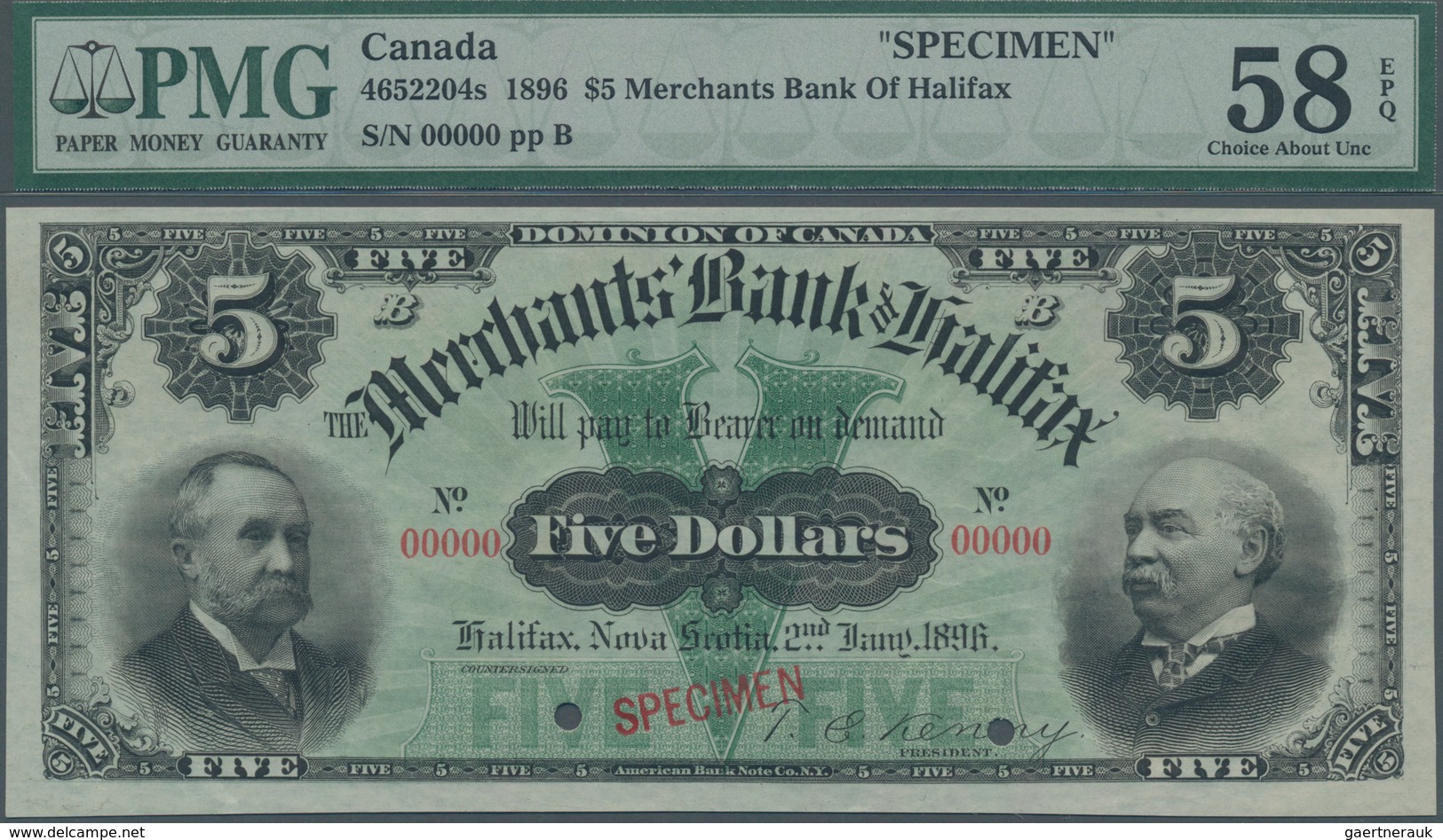 Canada: The Merchants Bank Of Halifax 5 Dollars 1896 SPECIMEN, P.S1184s, Soft Diagonal Bend At Lower - Canada